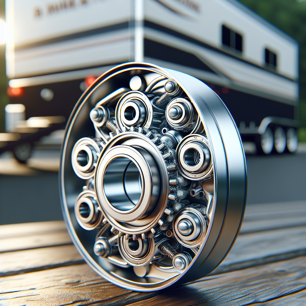 A close-up view of a trailer's wheel bearing system, showcasing intricate metallic details against a blurred trailer background.