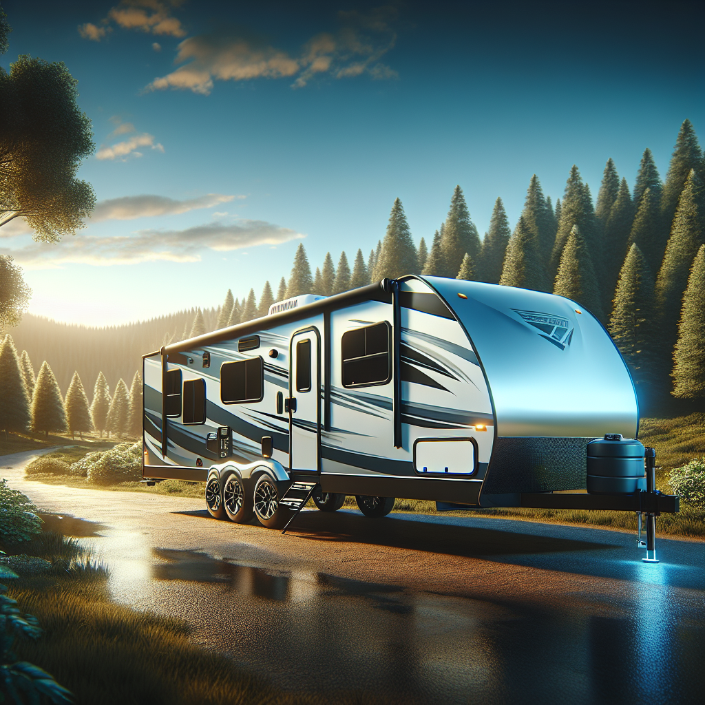 A travel trailer in a scenic outdoor setting, highlighting its tires and tire pressure monitoring system.