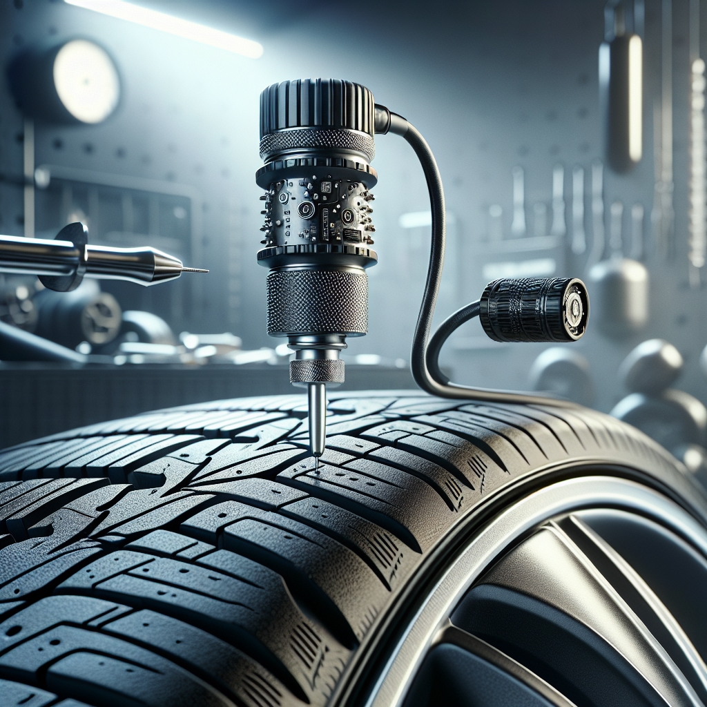 A tire pressure sensor being installed in a car tire.