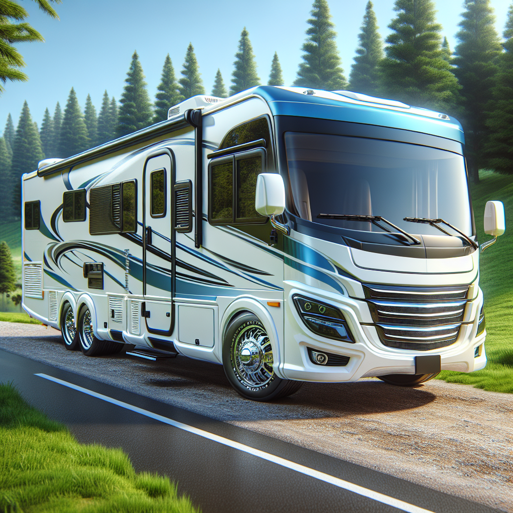 An RV with visible tire pressure monitoring system on a scenic roadside.