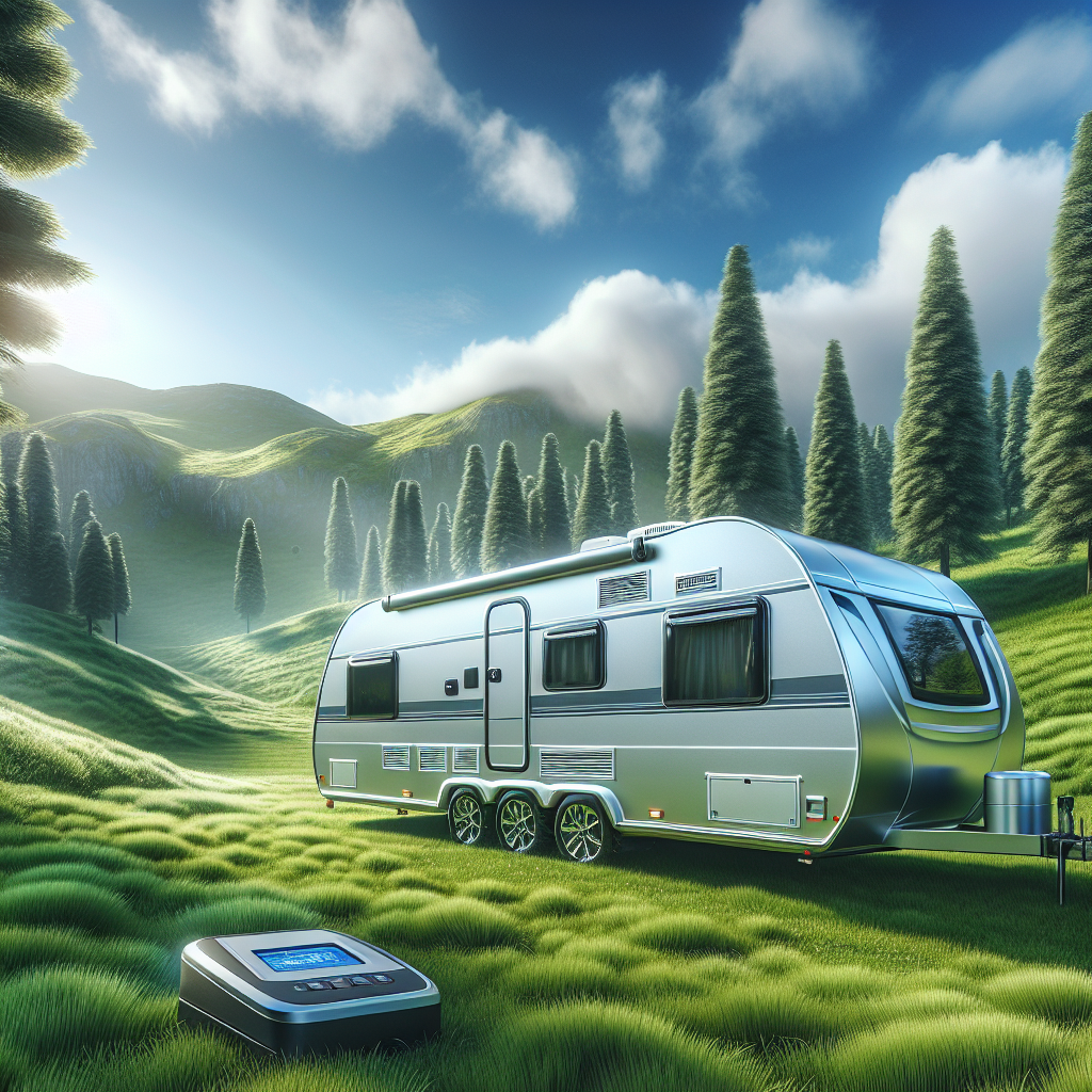 A modern travel trailer in a scenic landscape with a tire pressure monitoring system.
