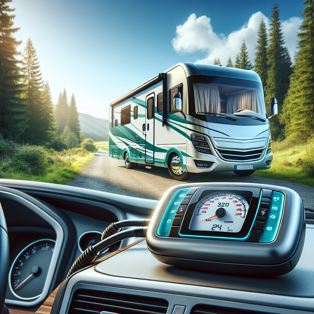 A TPMS device on an RV dashboard in a serene outdoor location.