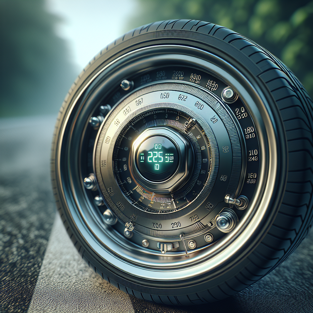A close-up view of a tire pressure sensor on a vehicle's tire with a blurred scenic road in the background.