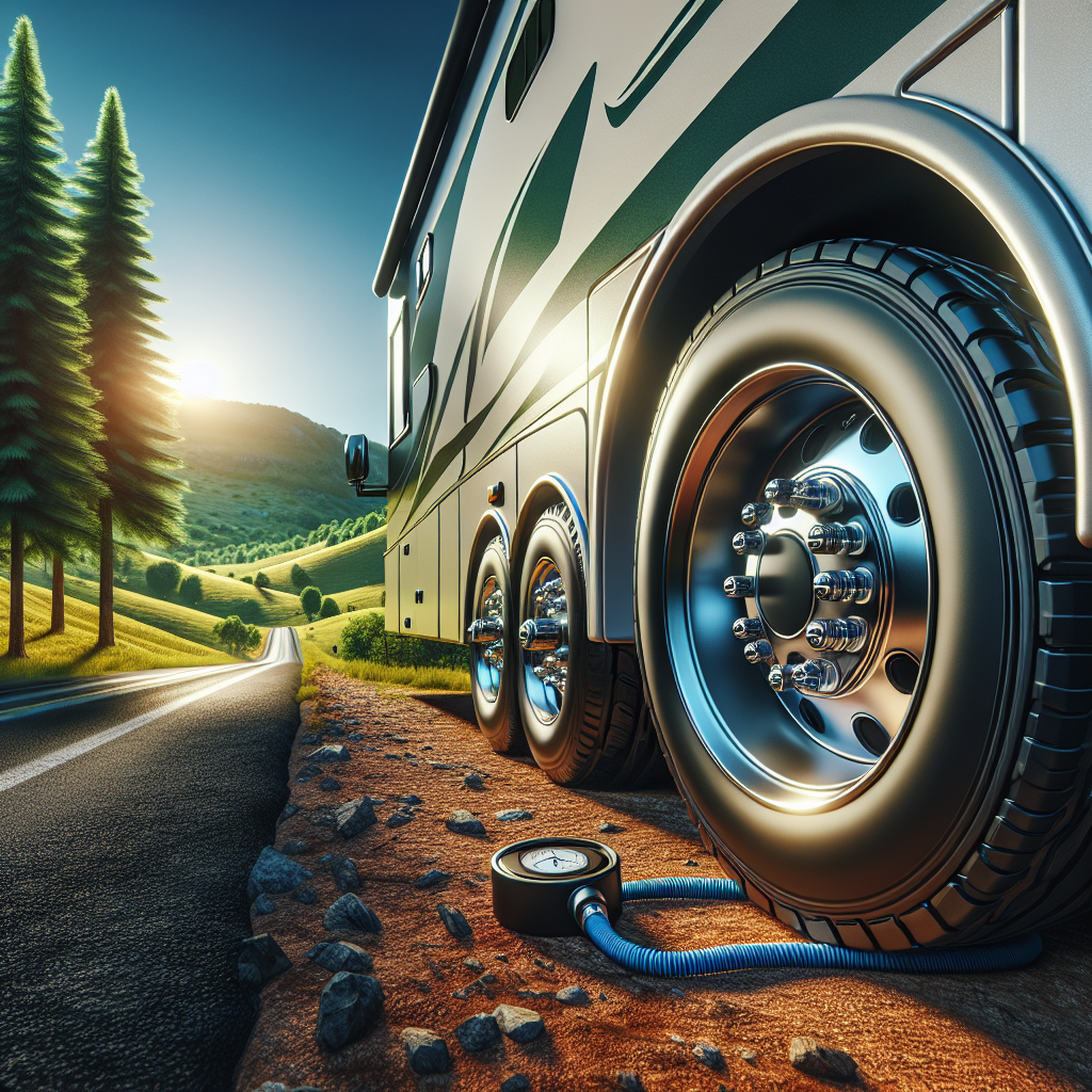 An RV on a scenic road with a focus on its tires and tire pressure monitoring sensors.