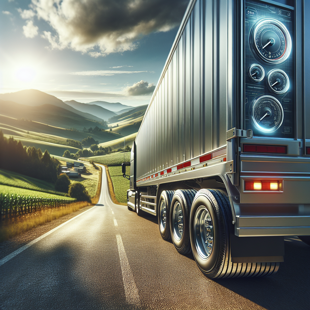 A trailer parked on a road with a visible TPMS interface, highlighting tire safety and reliability.