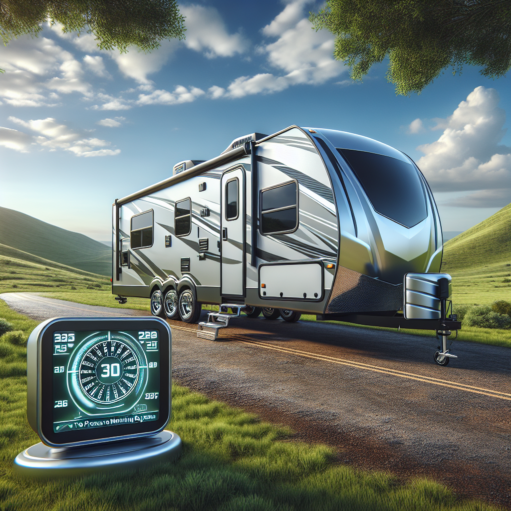 A travel trailer with a tire pressure monitoring system display in a scenic outdoor location.
