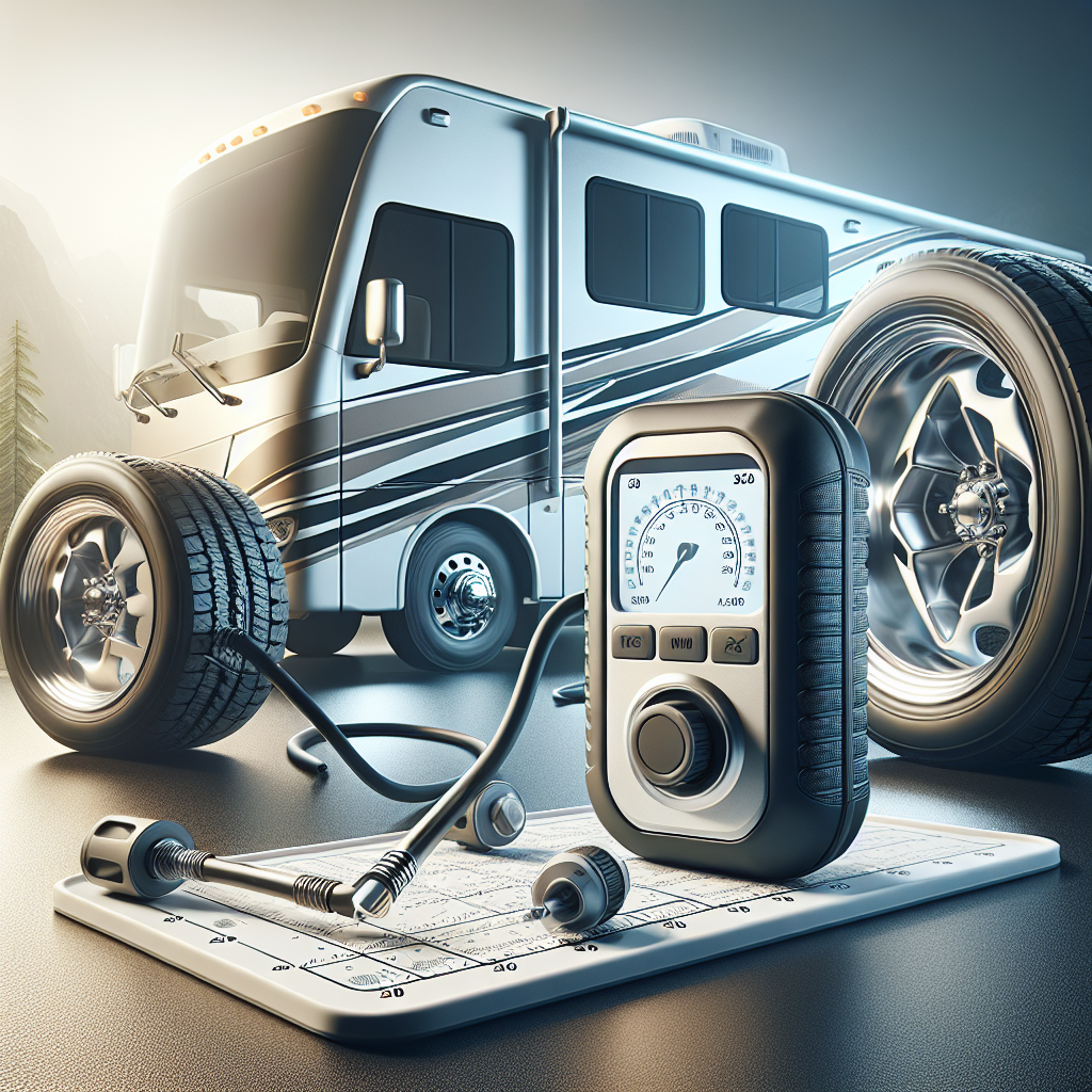 A tire pressure monitoring system for an RV with two RV tires in the background.