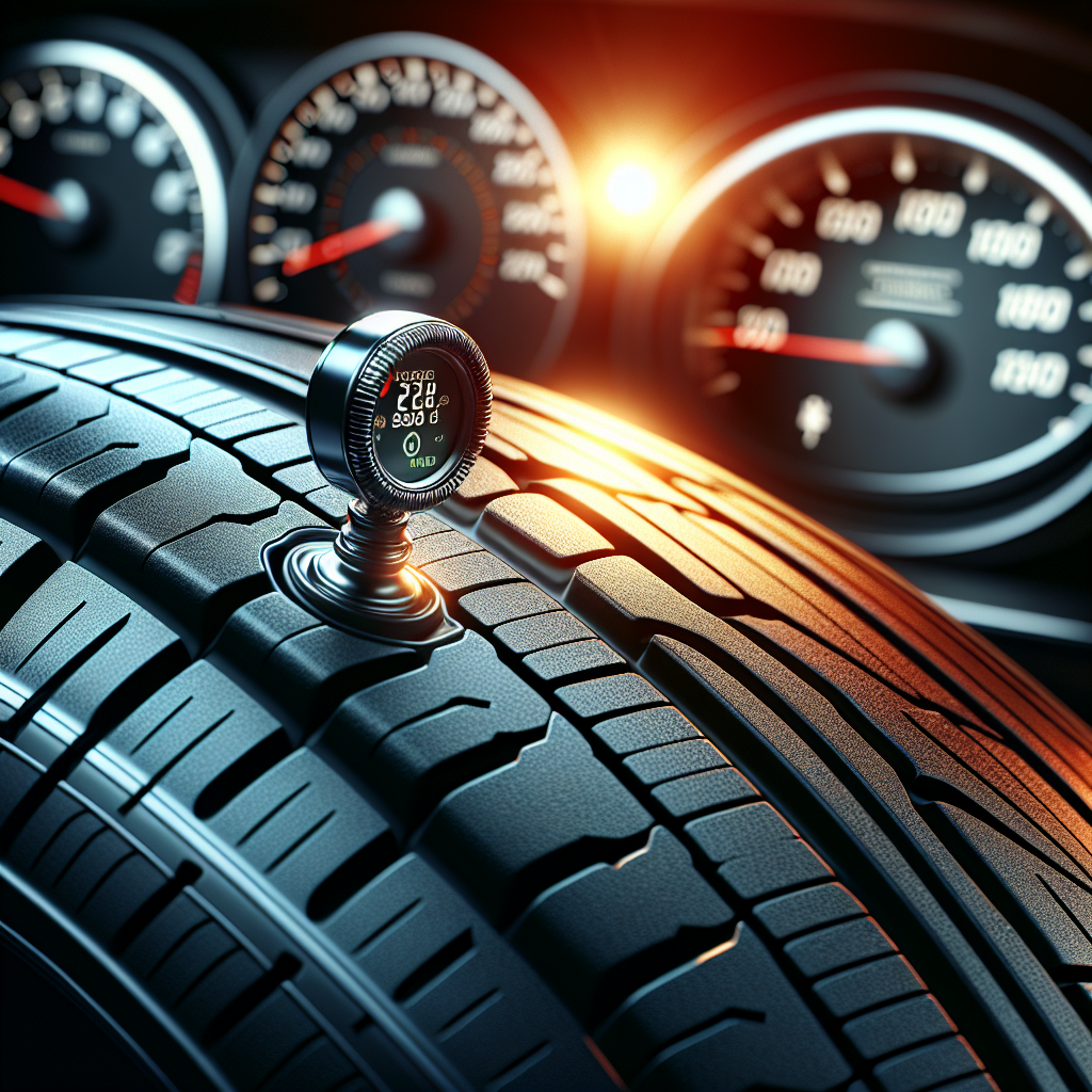 A close-up of a tire pressure sensor attached to a tire valve with a dashboard warning light in the background.
