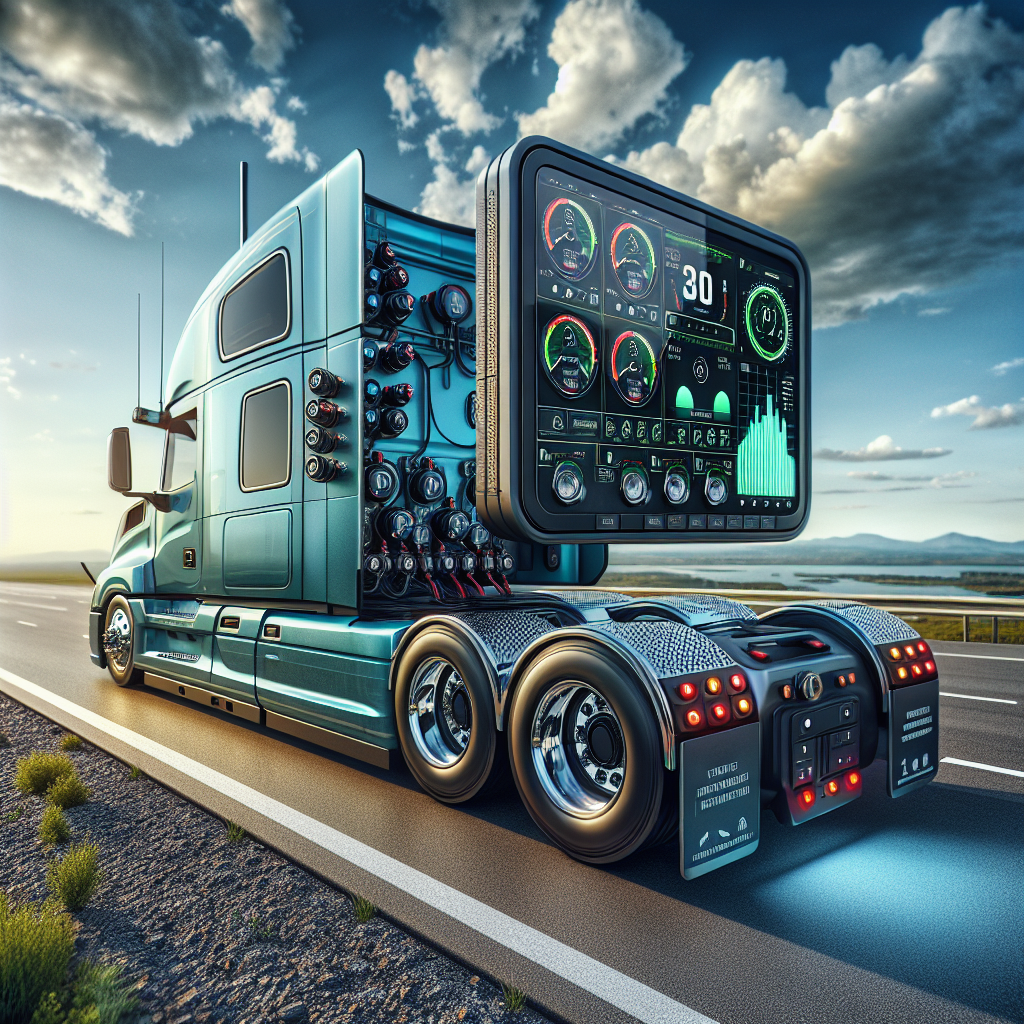A tractor trailer with a visible tire pressure monitoring system on the roadside.