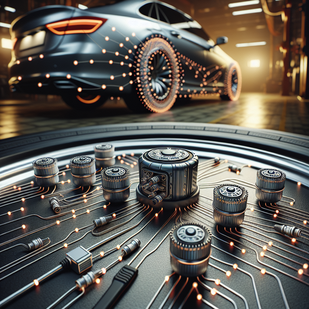 A detailed view of tyre pressure monitoring system components in a car.