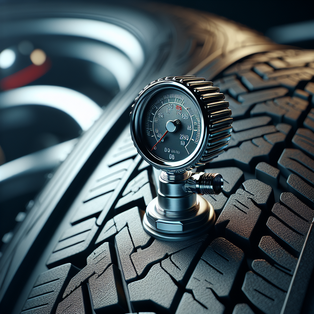 A close-up of a tire pressure sensor on a valve stem with a rugged tire in the background.