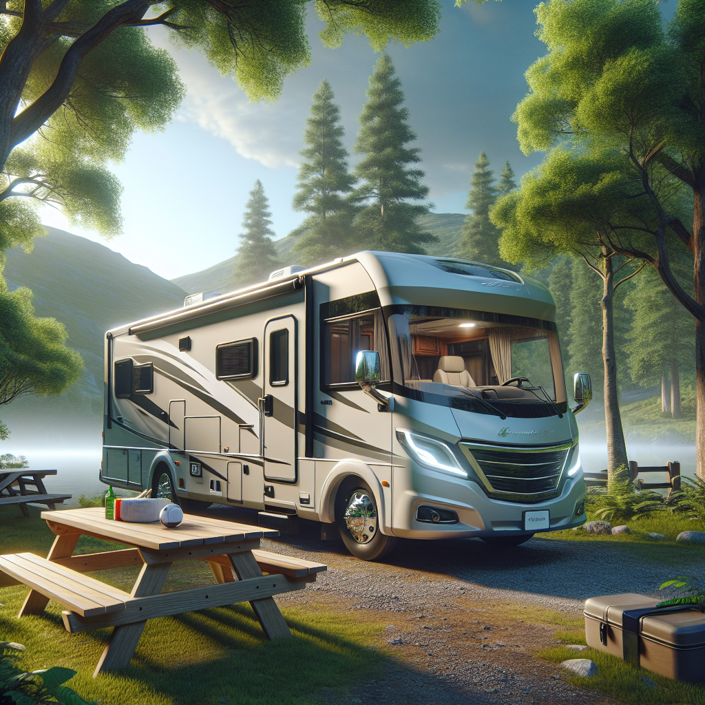 An RV parked in a campsite with visible tire pressure monitoring sensors.