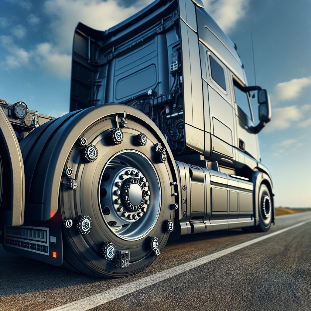 A realistic image of a tractor trailer on the road showing the tire pressure monitoring systems.