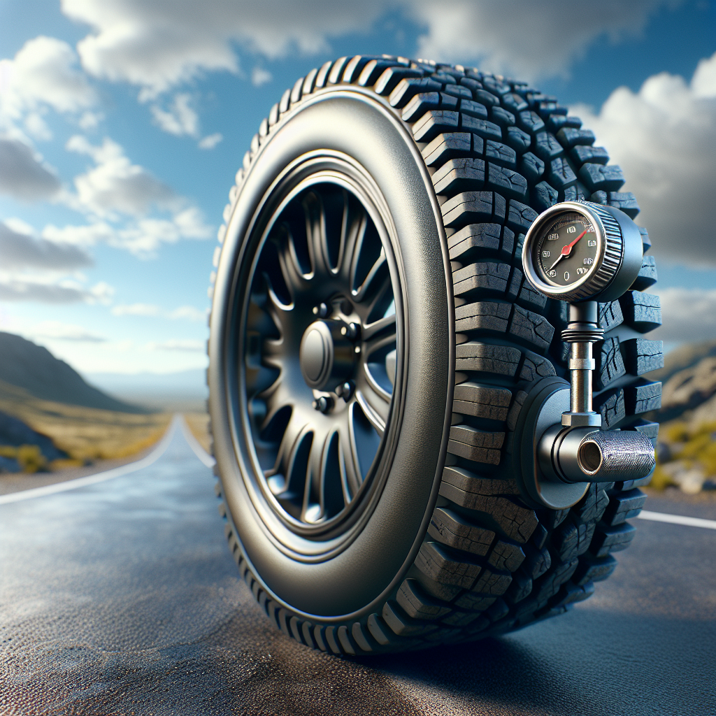 A tire pressure sensor installed on a rugged vehicle tire.
