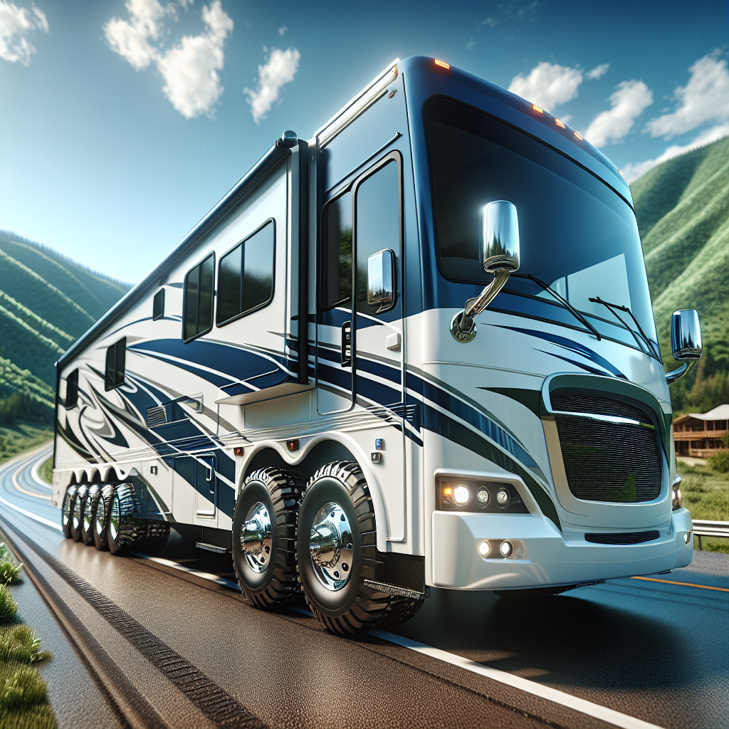 An RV parked on a scenic highway with a visible tire pressure monitoring system display.