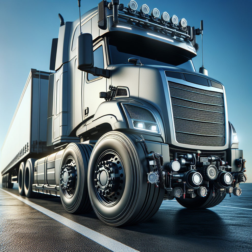 A tractor trailer highlighting its Tire Pressure Monitoring System components on the tires.