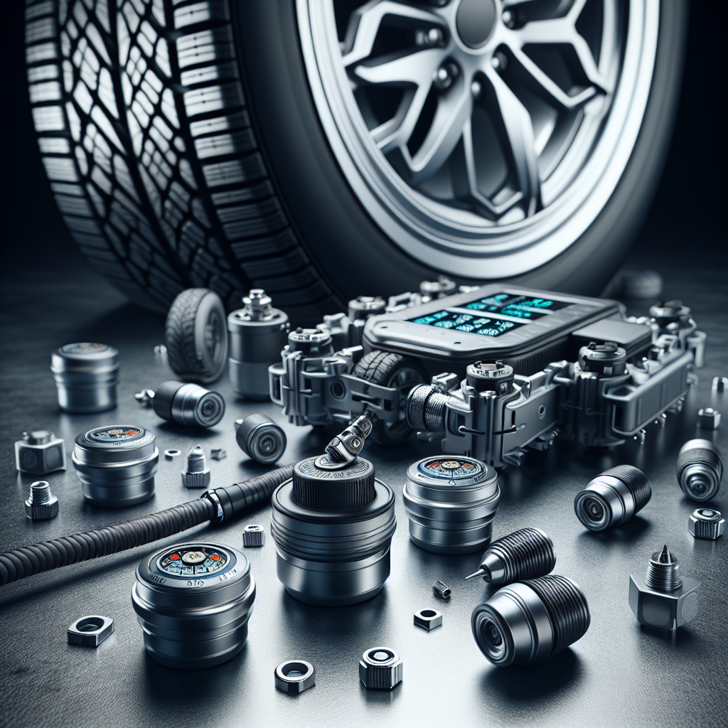 A detailed illustration of a Tyre Pressure Monitoring System with sensors and a vehicle tyre.