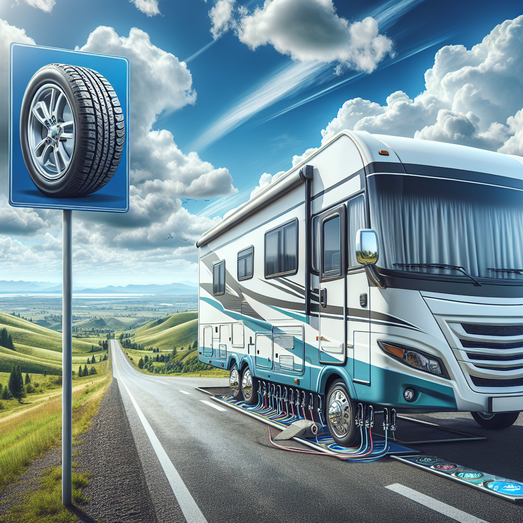 A scenic view of an RV parked on a highway, emphasizing the importance of tire pressure monitoring.