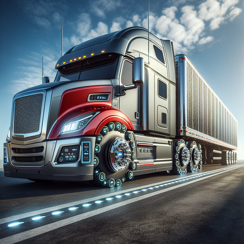 A tractor trailer with visible tire pressure monitoring systems in a roadside scene.