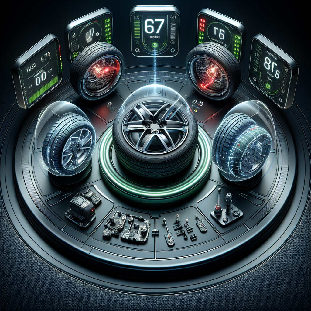 A modern Tyre Pressure Monitoring System display showing digital tyre pressure indicators with visible pressure sensors inside transparent tyres.