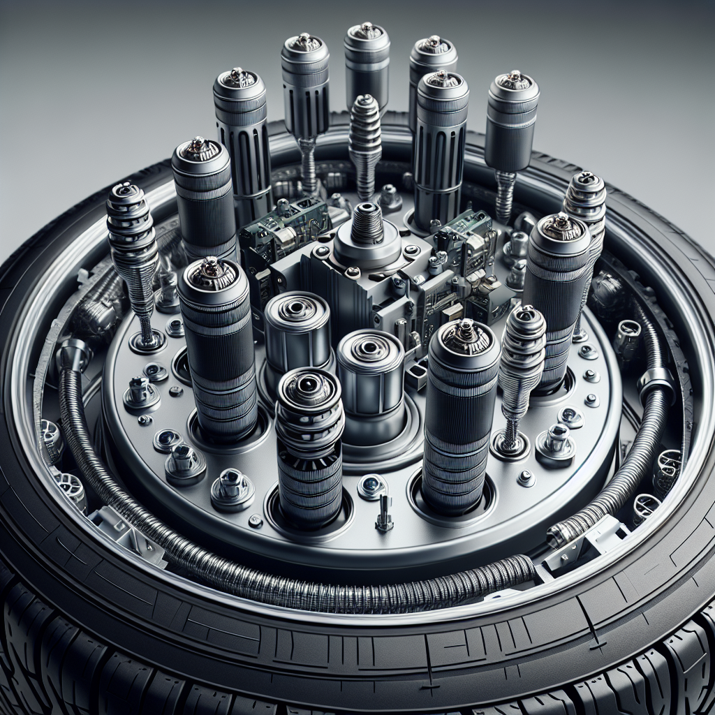 A detailed view of a Tyre Pressure Monitoring System with pressure sensors inside a car tyre.