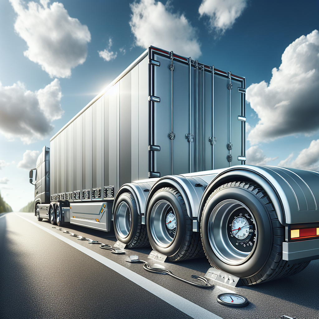 A modern trailer with tire pressure monitors on a highway under a blue sky.