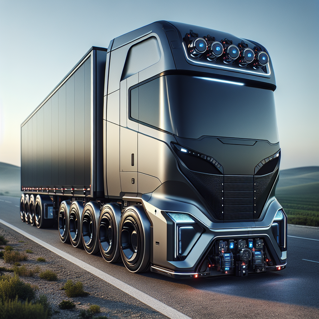 A modern trailer with tire monitoring sensors parked on a scenic roadside.