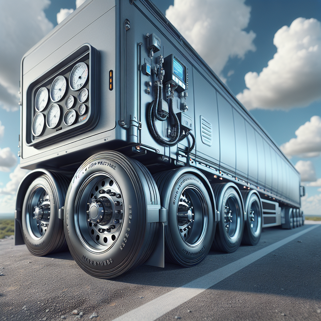 A trailer parked by the roadside with an air pressure monitoring system visible on its tires.