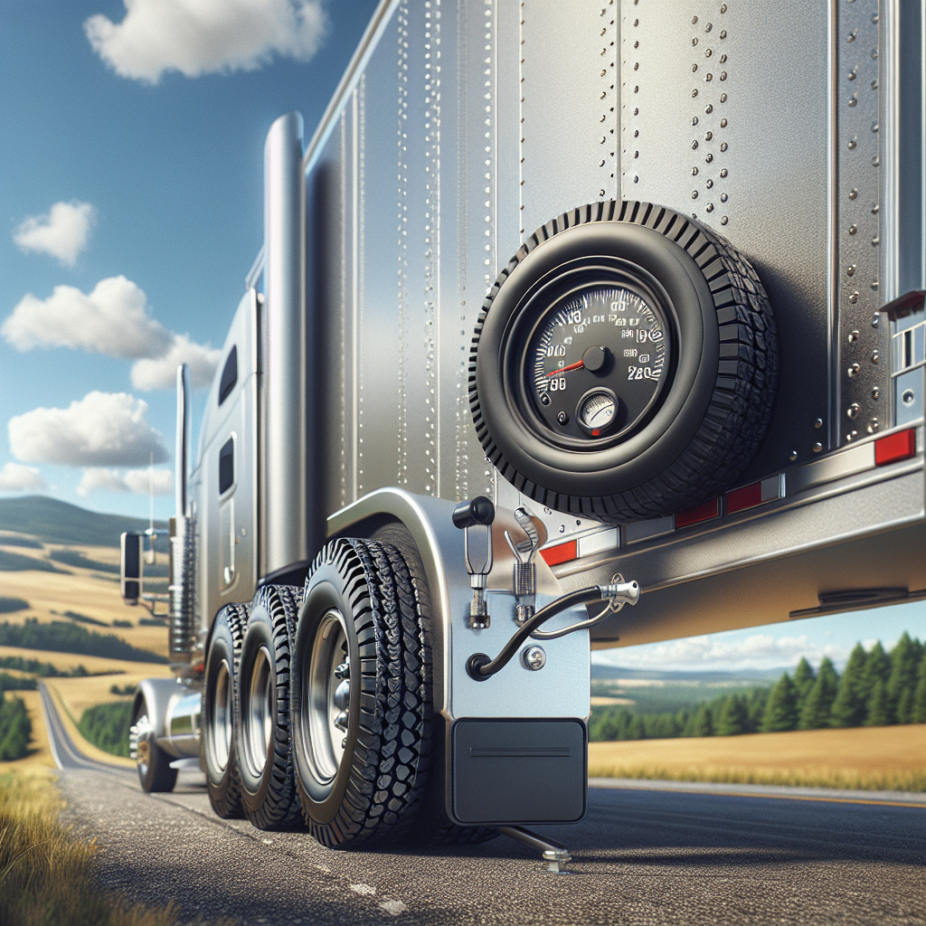 A trailer parked on a highway with visible tire pressure monitoring, surrounded by scenic landscape.