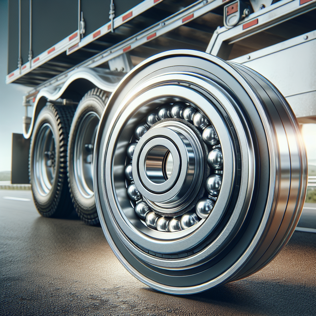 A close-up of a trailer wheel assembly focusing on shiny wheel bearings.