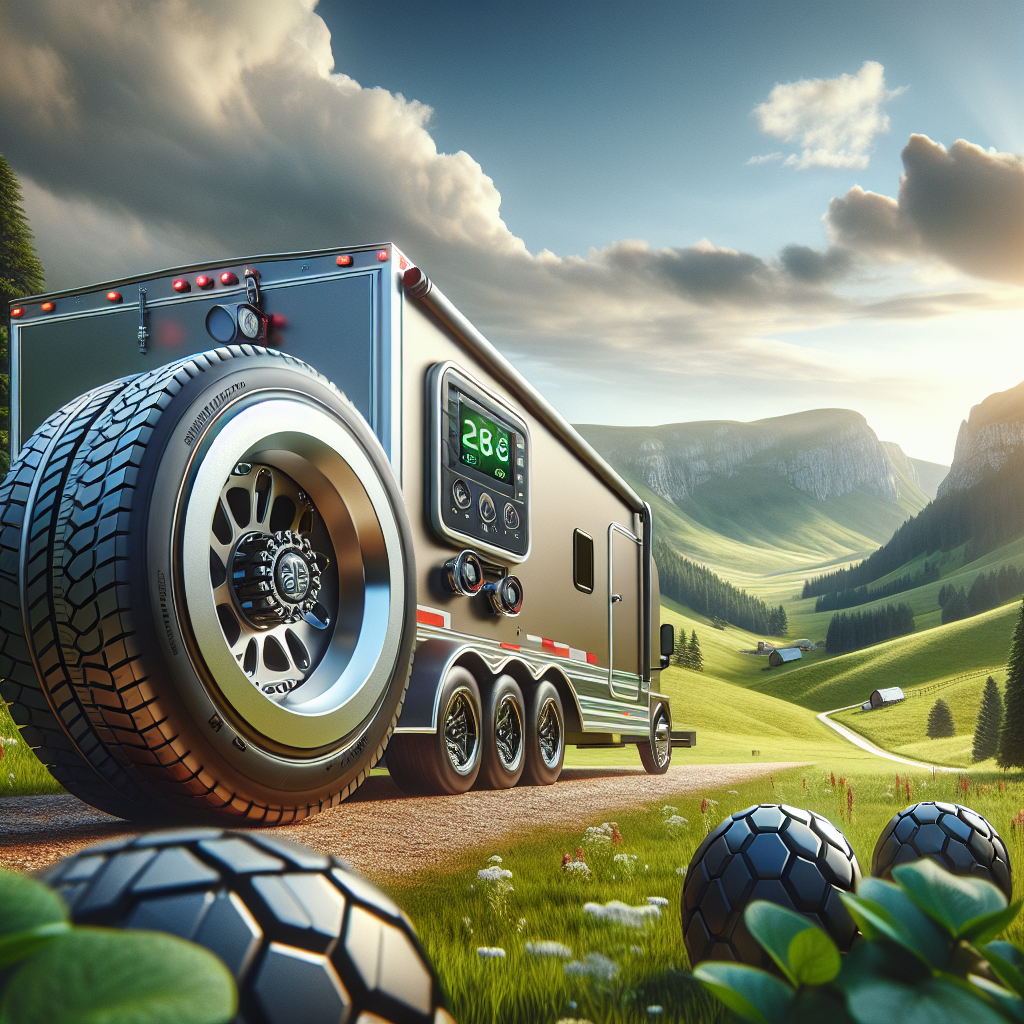 A modern trailer with advanced tire monitoring sensors in a scenic field.