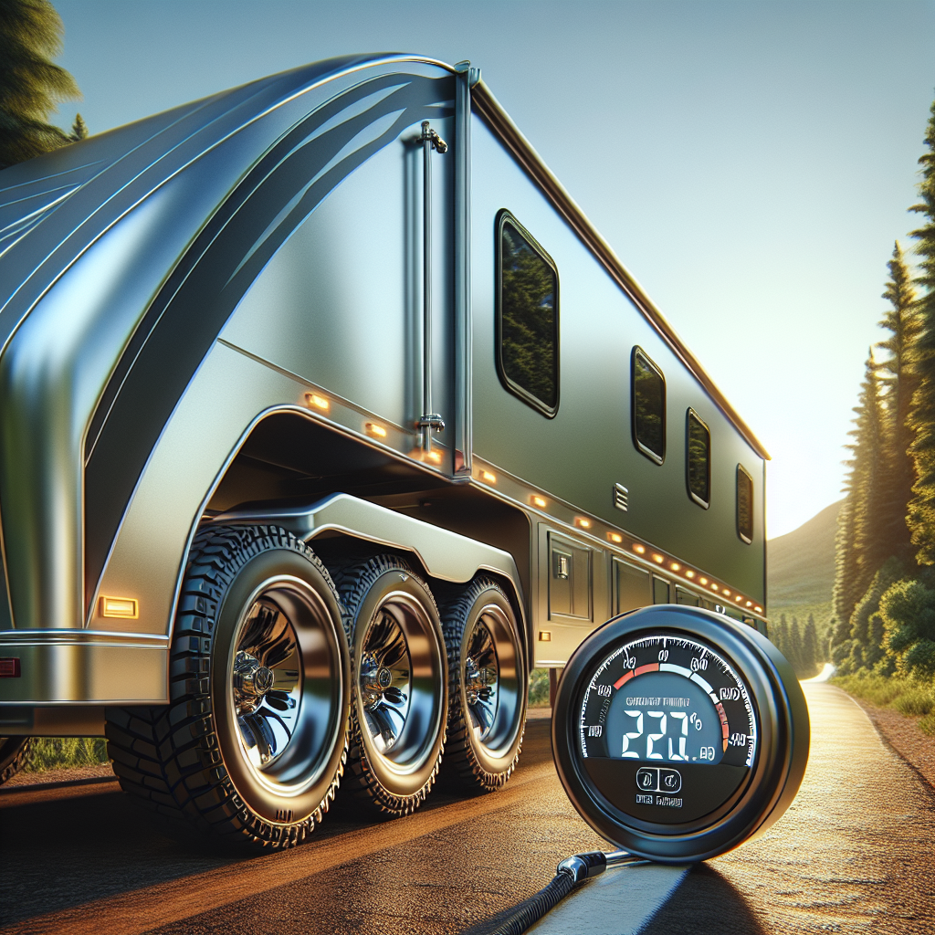A trailer with a digital air pressure monitor on a sunny road.