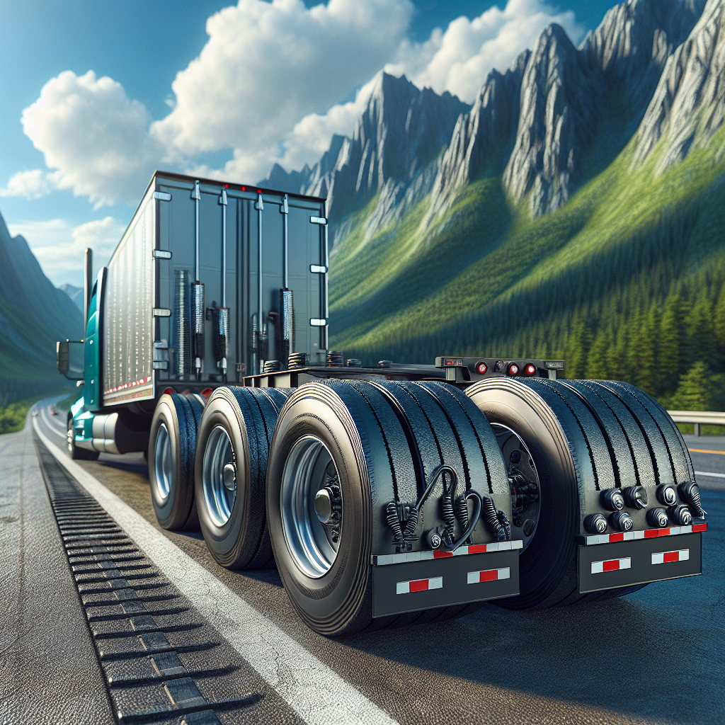 A trailer on a scenic highway, focusing on its detailed tires.