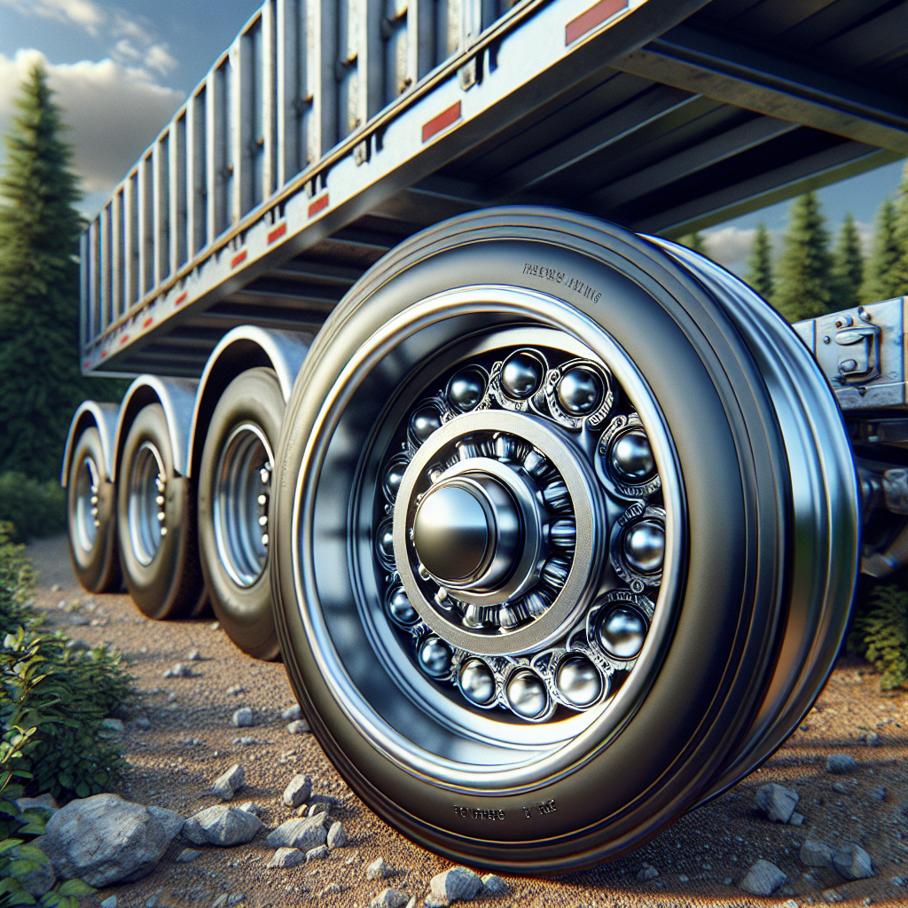 An open trailer highlighting the wheel bearings on a gravel road surrounded by trees.