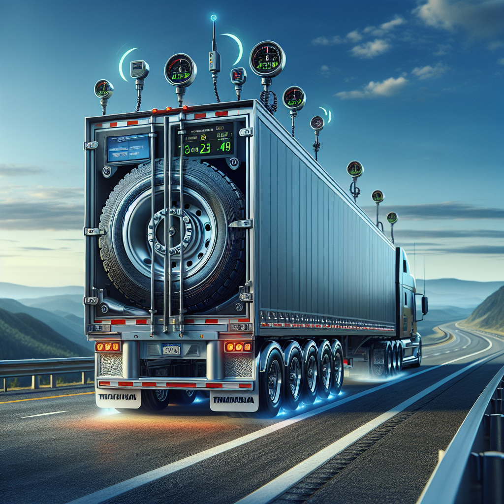 A trailer on a highway with tire monitoring sensors and digital displays.