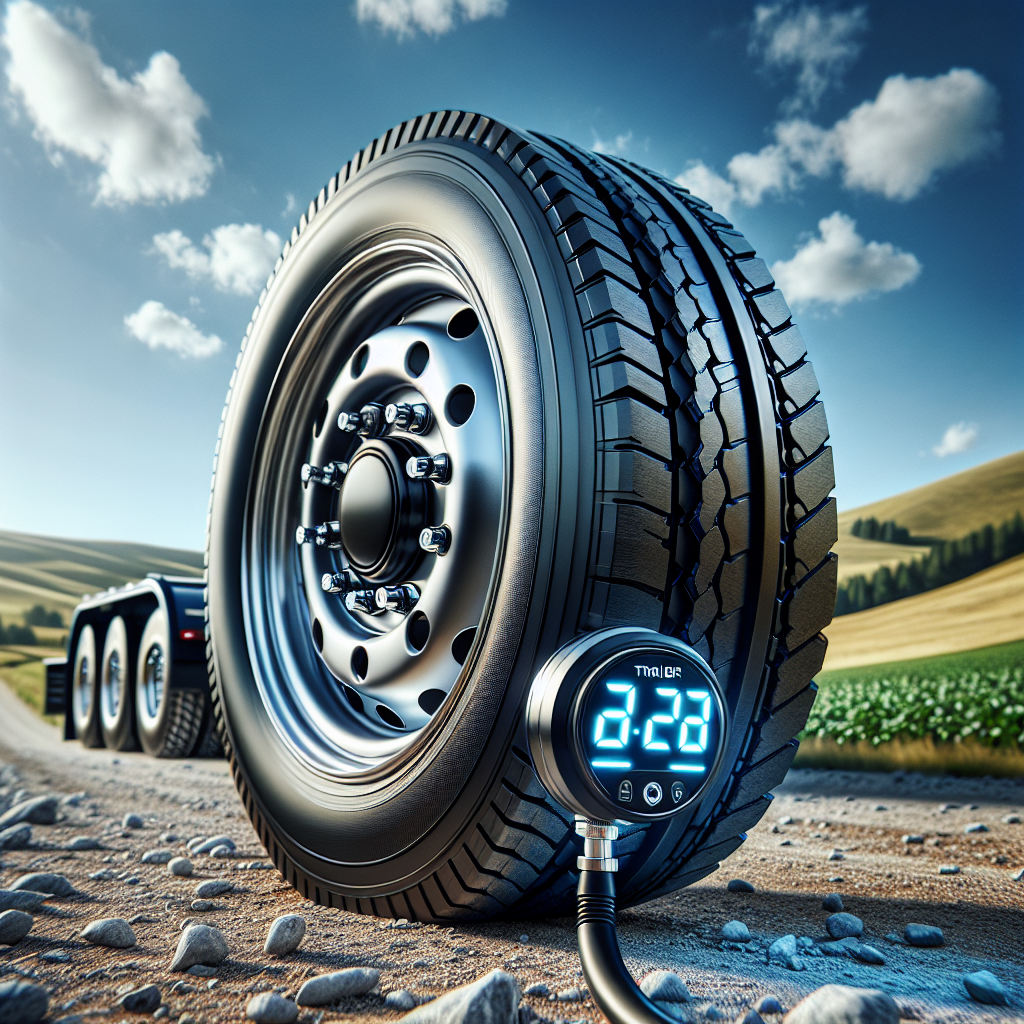 A close-up of a trailer tire with a digital air pressure monitor on a gravel road.