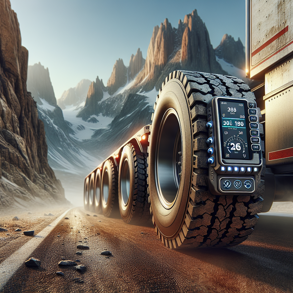 Close-up view of a trailer's tire monitoring system on a highway, showing tire and landscape.