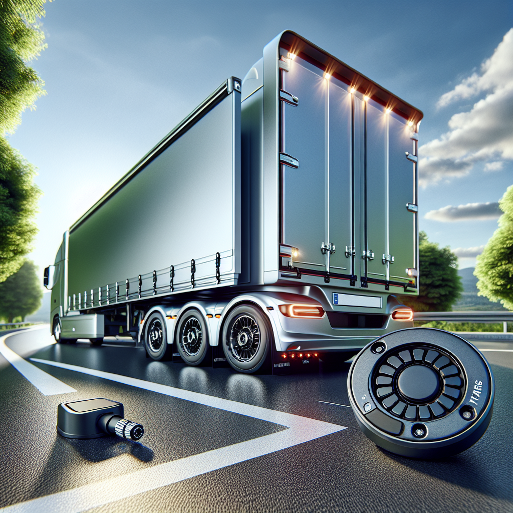A trailer on the road with a visible TPMS sensor on the wheel under sunny skies.