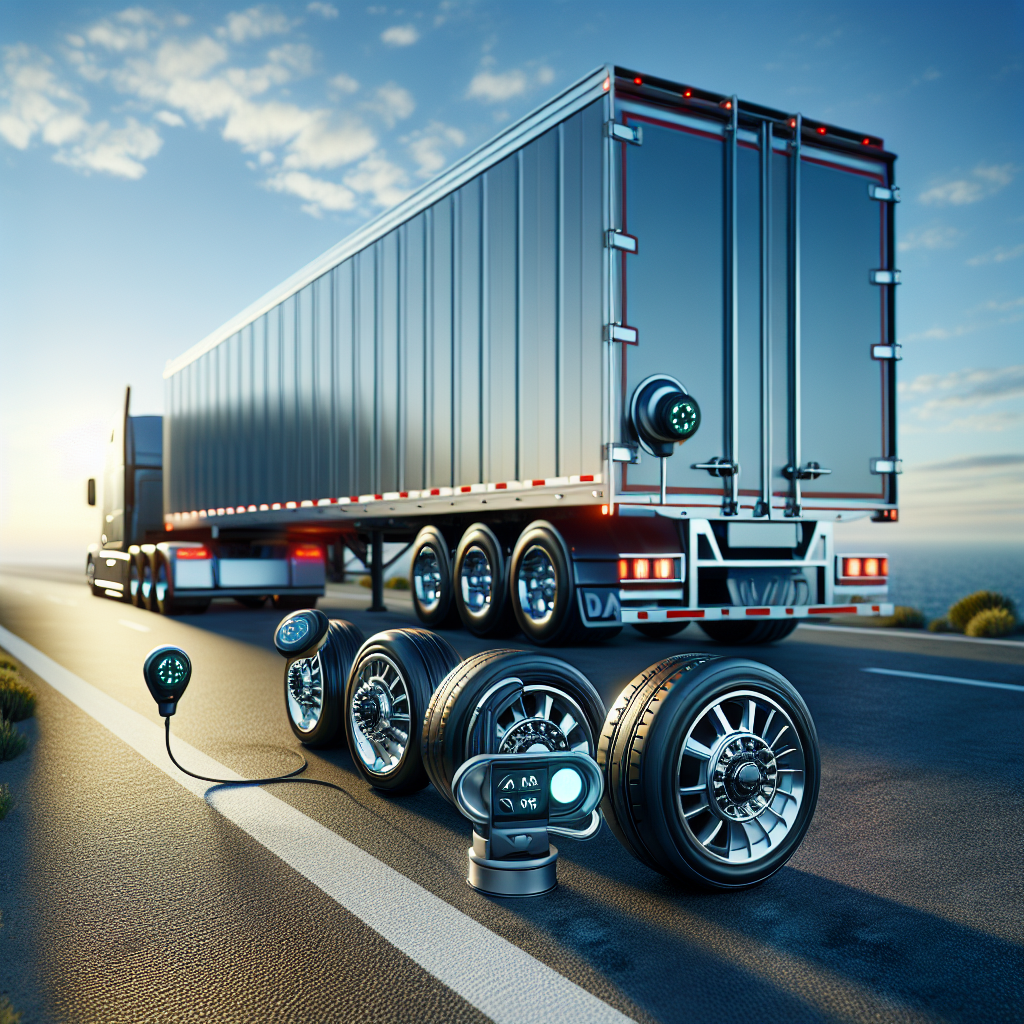 A trailer with a remote tire pressure monitoring system on a highway.