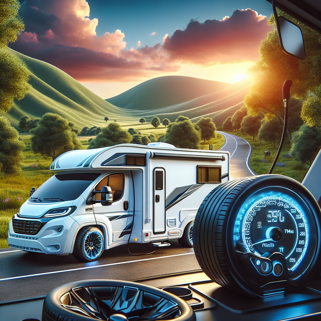 A modern camper parked on a scenic road with a TPMS display visible inside.
