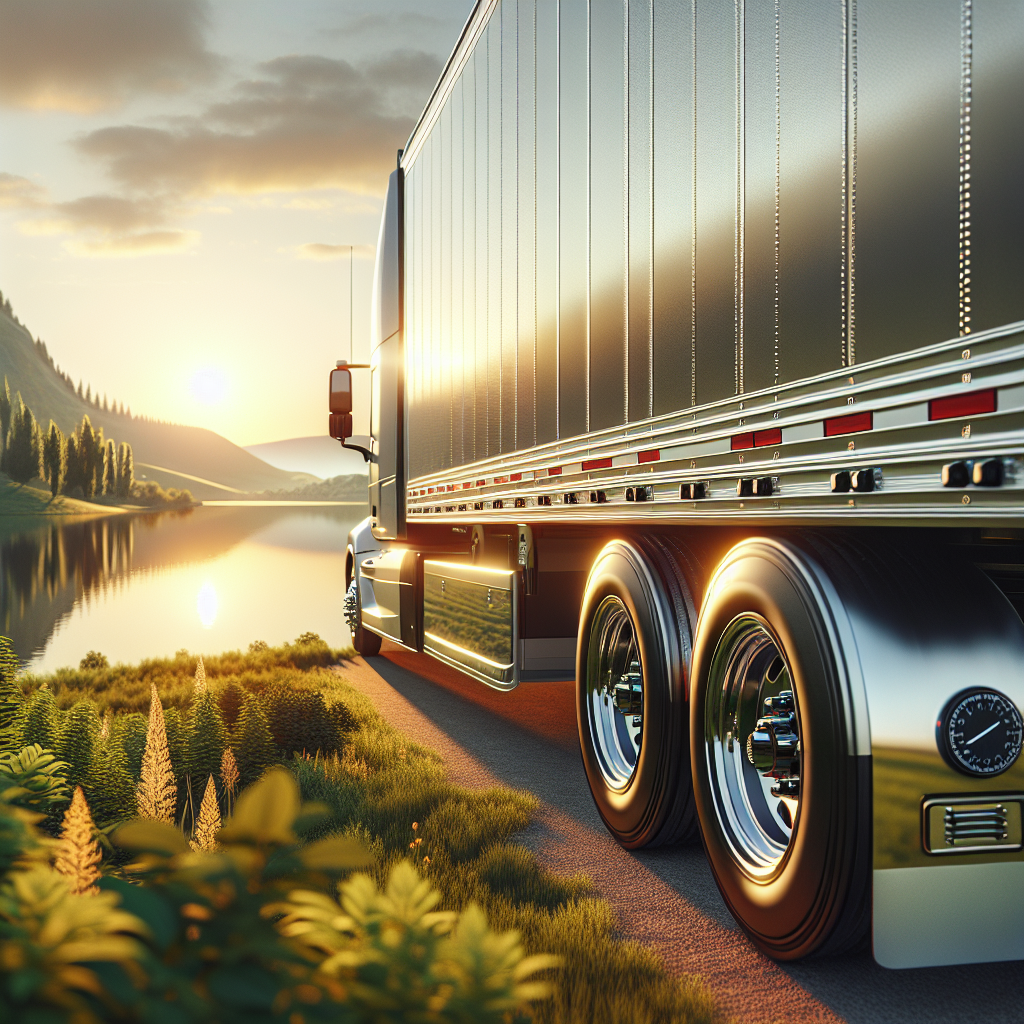 A trailer with visible TPMS sensors parked by a lakeside road at sunset.