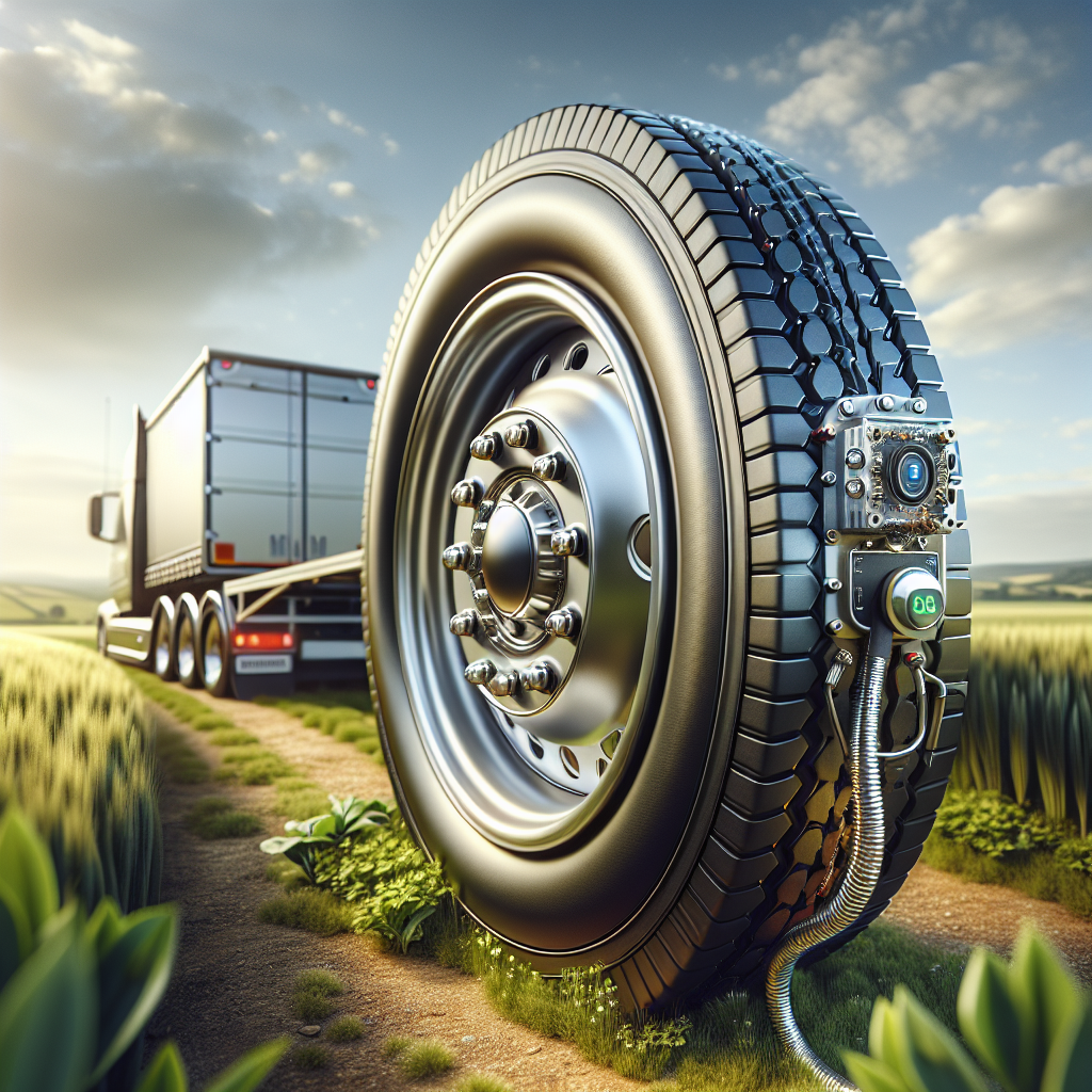 A close-up of a trailer tire with sensors for a tire pressure monitoring system.