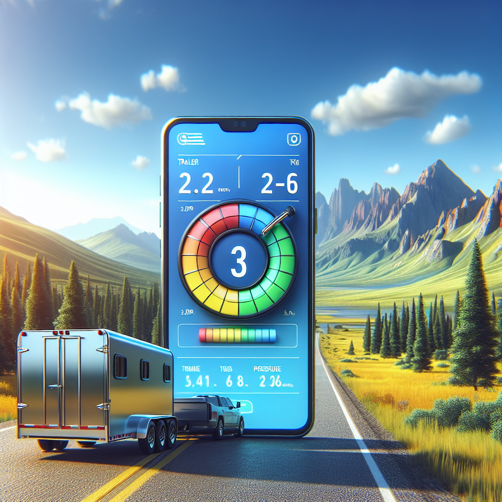 A smartphone displaying a tire pressure monitoring system with a trailer in the background on a sunny highway.