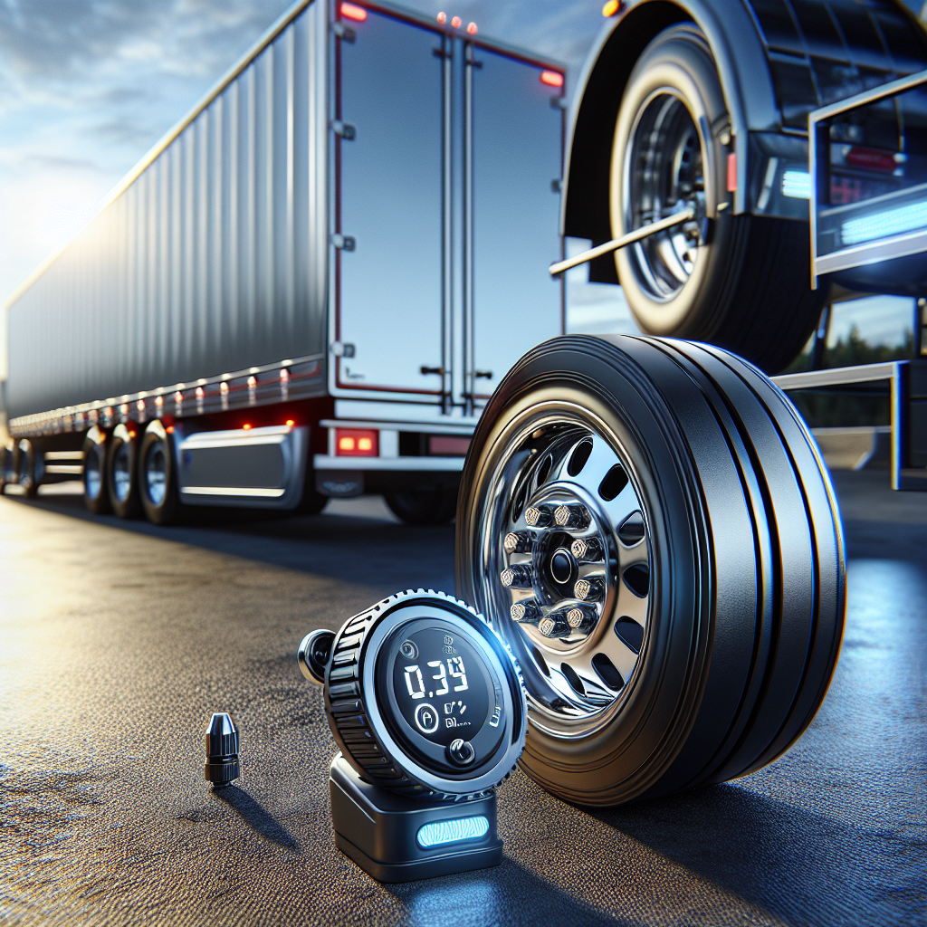 A TPMS sensor mounted on a trailer tire under a clear blue sky.