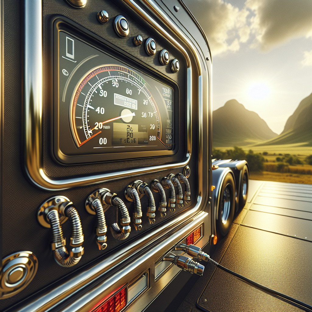 A trailer dashboard featuring a tire pressure monitoring system display against a scenic landscape.