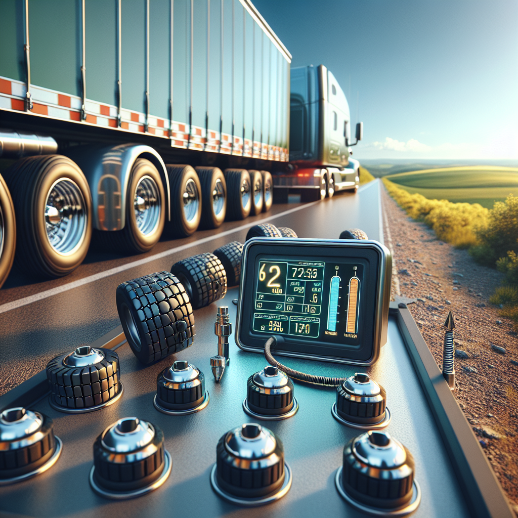 A close-up view of a remote trailer tire pressure monitoring system, with sensors on tires and a digital display.