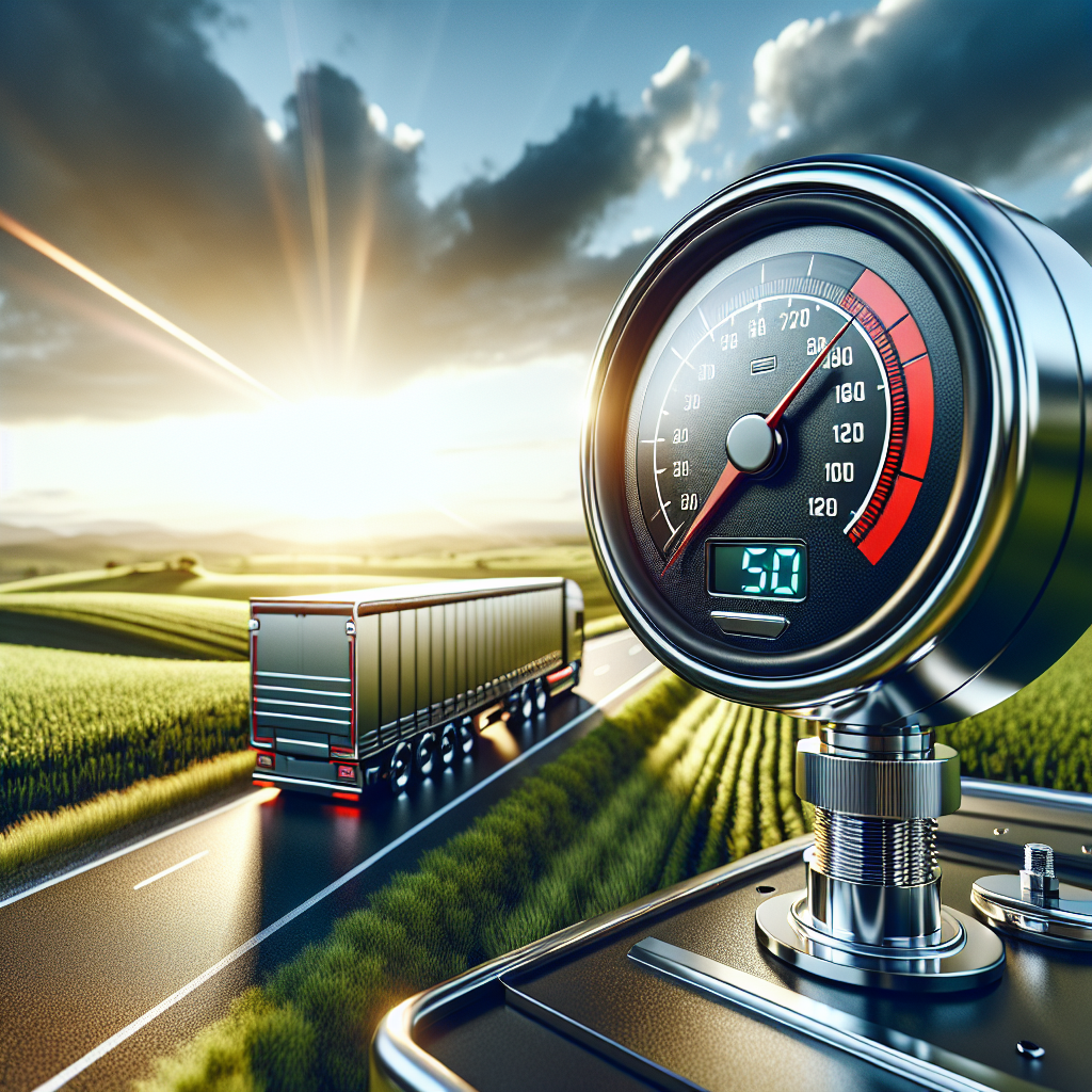 A remote trailer tire pressure monitoring system displayed with a digital gauge next to a colorful trailer on a scenic highway.