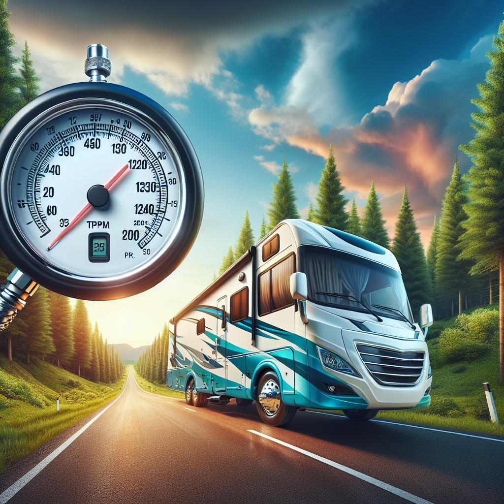 A modern camper on a road with a focus on a tire pressure monitoring system, surrounded by nature.