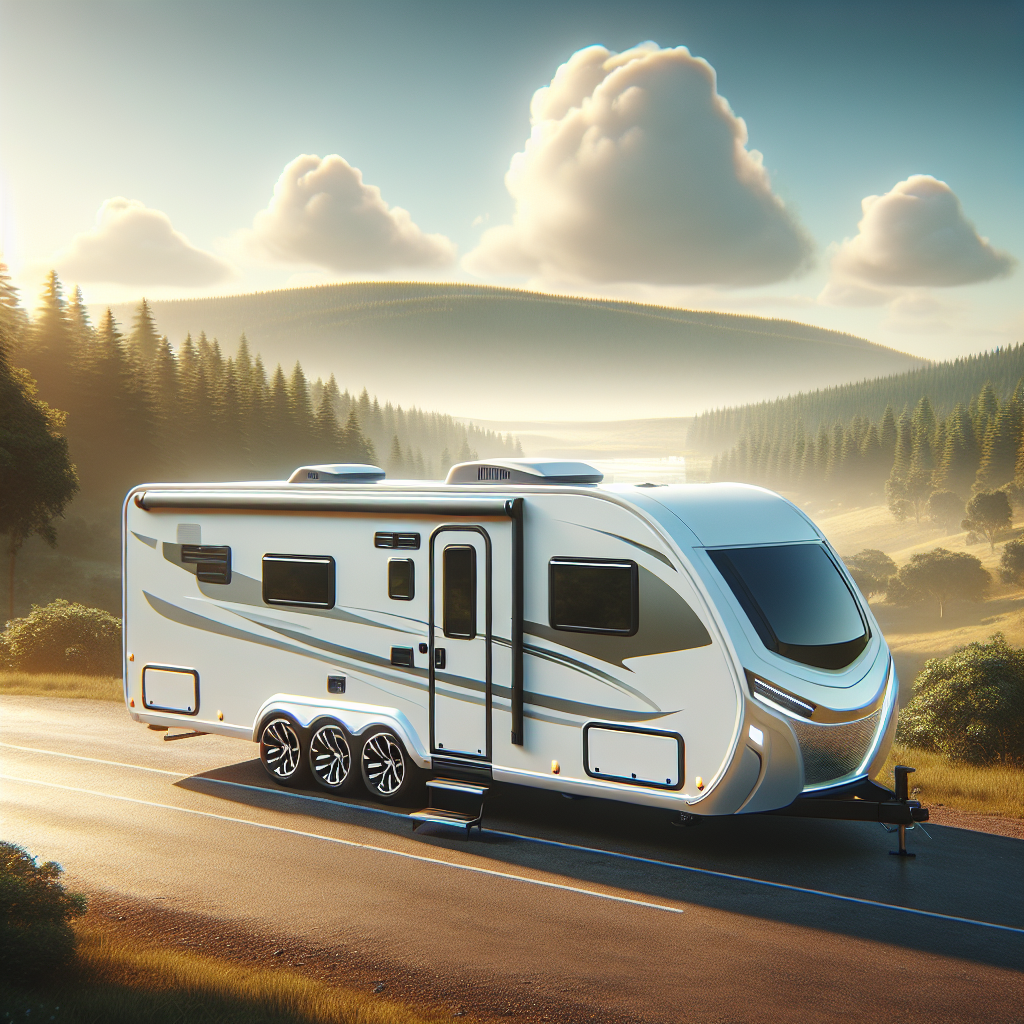 A modern camper with tire pressure monitoring systems in a scenic outdoor setting.