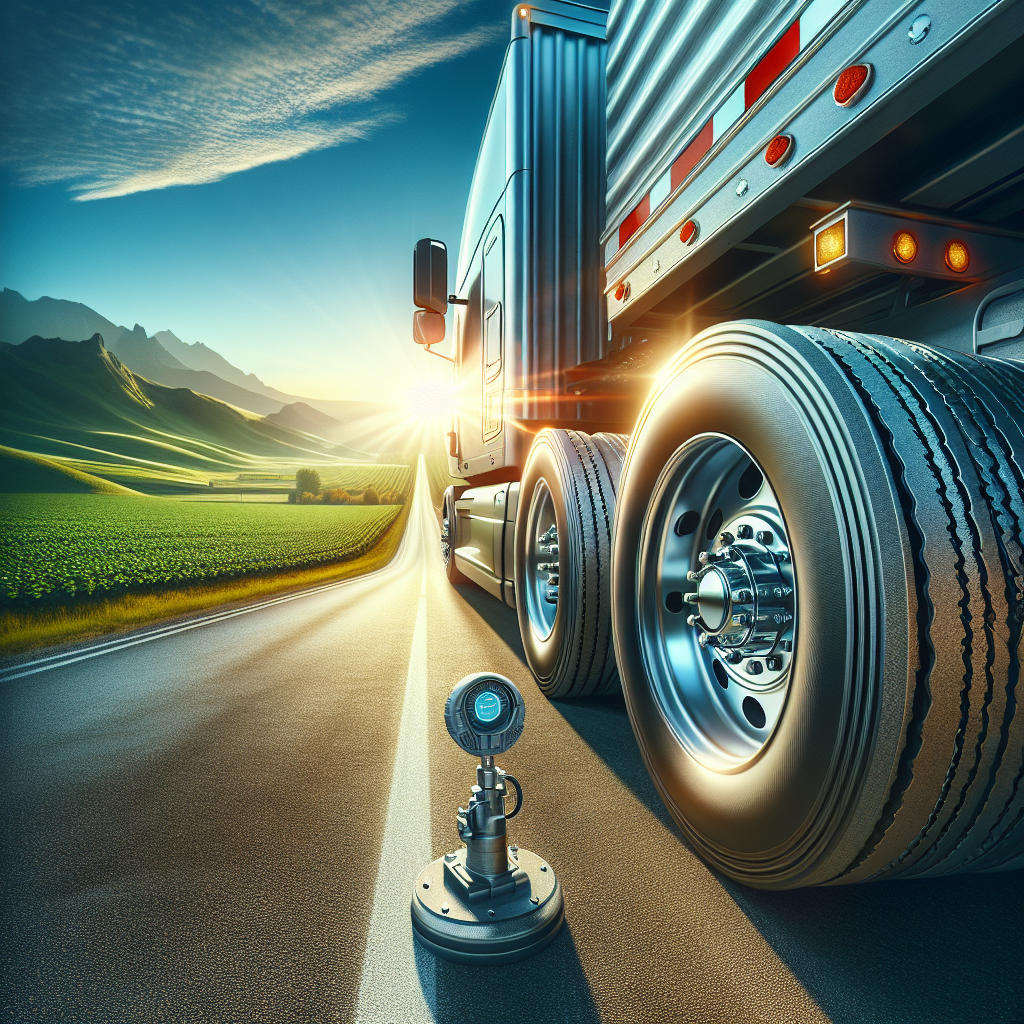 A trailer on a highway highlighting the TPMS with tires and a scenic background.